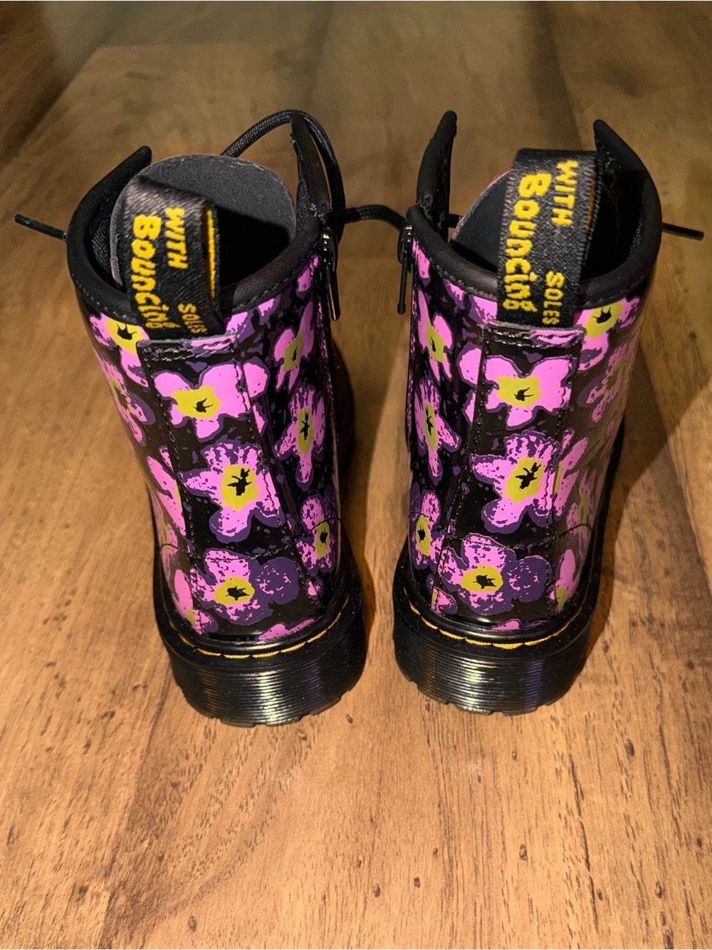 Dr. Martens Kids Black Patent Lace-Up Boots with Pink Floral Print